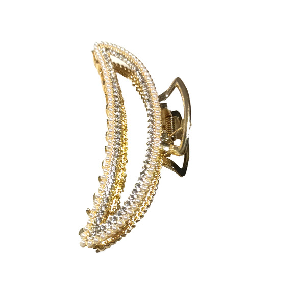 Hair Barrette Alligator Clip Rose gold Tone Rhinestone Faux Pearl - Picture 5 of 6